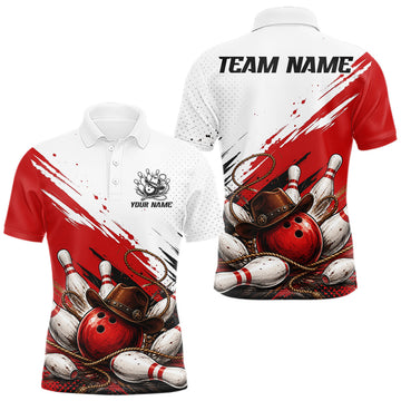 Maxcorners Cowboy Men Bowling Custom Name Polo Shirt, Personalized Team 1/4 Zip Bowling Jersey Gift|Red LM0208