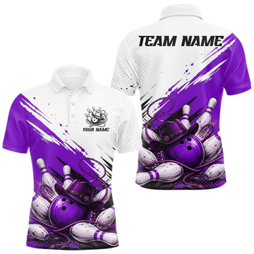 Maxcorners Cowboy Men Bowling Custom Name Polo Shirt, Personalized Team 1/4 Zip Bowling Jersey Gift|Purple LM0208