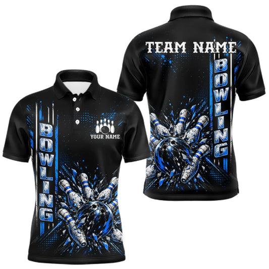 Maxcorners Blue Bowling Strike Ball Pins Polo Shirt For Men Custom Black Team Tournament Jersey LM0510
