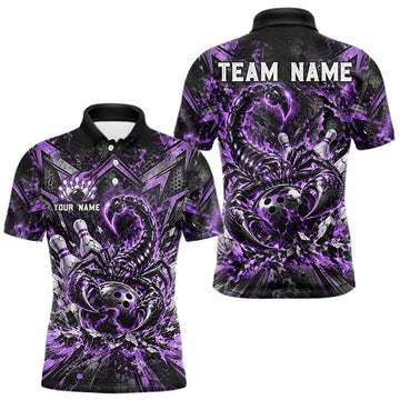 Maxcorners Purple Scorpion Bowling Ball Pins Polo Shirt For Men Custom Neon Team Tournament Jersey