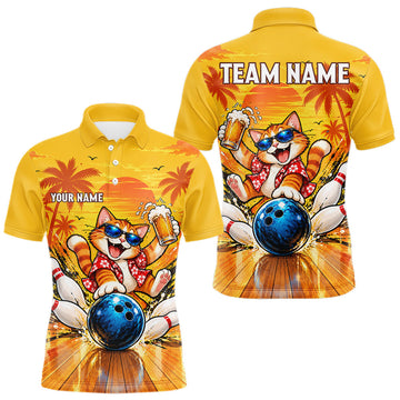 Maxcorners Yellow Tropical Cat Bowling Player Polo Shirt Custom Beer Drinking Sports Club Match Jersey