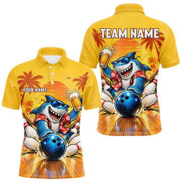 Maxcorners Yellow Tropical Shark Bowling Player Polo Shirt Custom Beer Drinking Sports Club Match Jersey