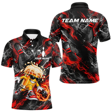 Maxcorners Red Fire Flame Beer Mug Bowling Polo Shirt For Men Custom Black Team Tournament Jersey LM1910
