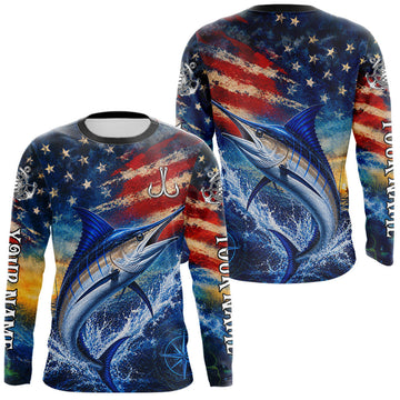 Maxcorners Marlin Fishing Shirt American Flag 3D All Over Print Long Sleeve Performance Apparel For Men LM1406