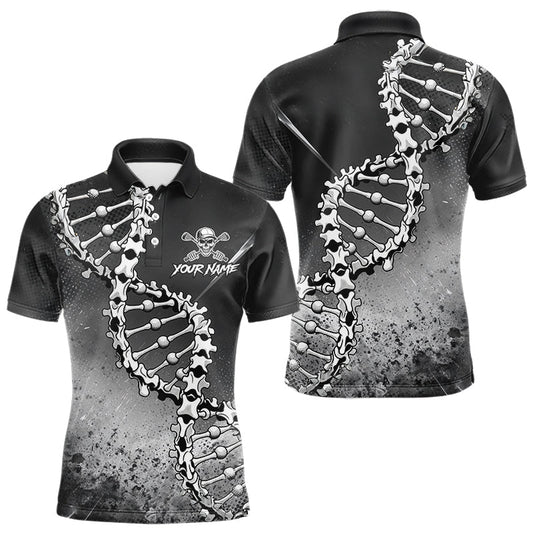 Maxcorners Custom Black Grey Mens Golf Polo Shirt DNA Skull Design, Personalized Name Golf Shirt, Golf Team Shirt