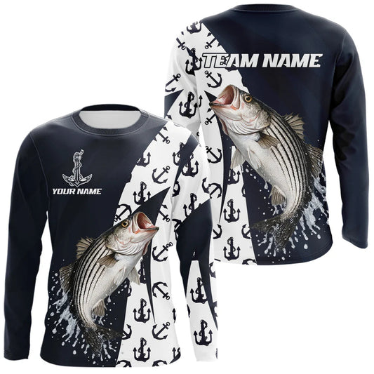 Maxcorners Personalized Striped Bass Fishing Shirts Long Sleeve With Pattern Anchor, Fishing Shirt Jersey LM2603