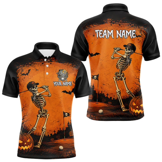 Maxcorners Halloween Men Golf Polo Shirt – Skeleton Golfer Pumpkin Custom Name Golf Shirt, Golf Gifts