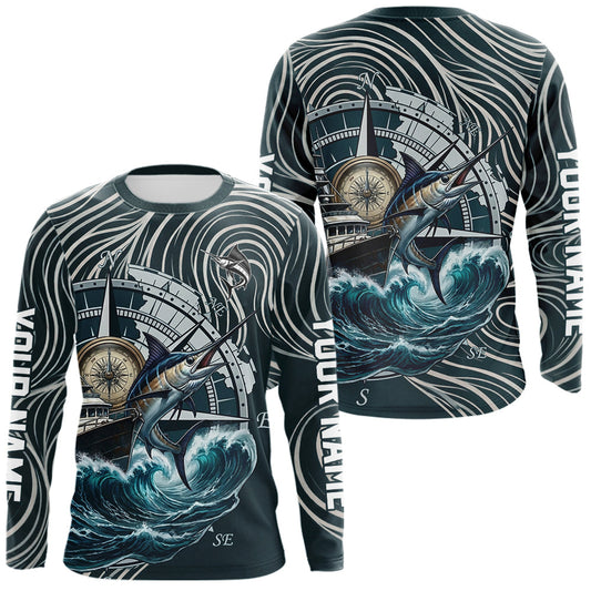 Maxcorners Marlin Fishing Long Sleeve Shirt Ocean Wave Compass Design, UV Protection Performance Fishing Apparel LM2603