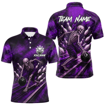 Maxcorners Personalized Bowling Tournament Jersey & Custom Team Shirts, Purple Skeleton Bowling Polo For Men LM2709
