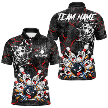 Maxcorners Angry Bowling Ball Skull Polo Shirt For Men Custom Red Black Team Tournament Jersey
