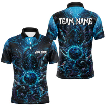 Maxcorners Custom Blue Kraken Bowling Jersey For Men Bowling Team Shirts Bowling League Polo & 1/4 Zip
