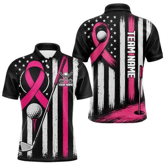Maxcorners Breast Cancer Awareness Men Golf Polo Shirt Personalized Custom Name Pink Ribbon Jersey LM2607