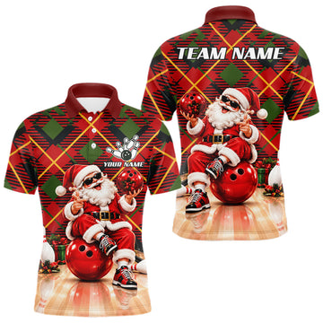 Maxcorners Merry Christmas Santa Men Bowling Polo Shirt Custom Red Green Tartan League Match Apparel