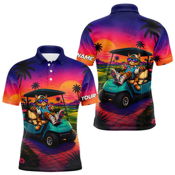 Maxcorners Personalized Cat Mens Golf Polo Shirt - Funny Tropical Sunset Golf Gilf For Golfer LM2405
