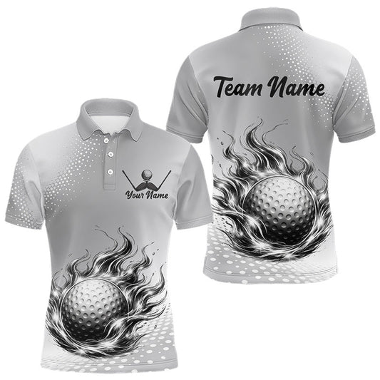 Maxcorners Personalized Flaming Golf Ball Mens Polo Shirt Gray Fire Design Custom Name Golf Shirts For Team LM2603