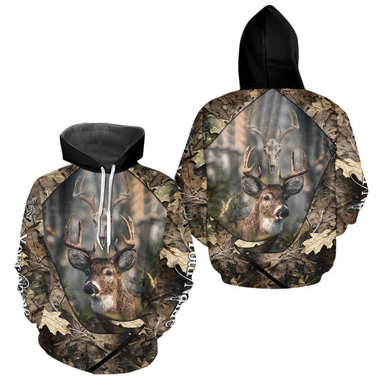 Maxcorners Deer Skull Hunting Camo Forest 3D All Over Printed Shirt, Personalized Hunting Shirt LM3010