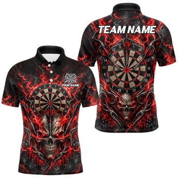 Maxcorners Red Fire Skull Darts Polo Shirt For Men Custom Quarter Zip Dart Board Team Tournament Jersey