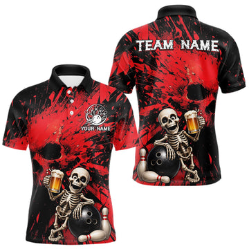 Maxcorners Custom Skeleton Beer Bowling Jersey, Red Splatter Skull Polo & Quarter-Zip Shirt Gift For Men LM2806