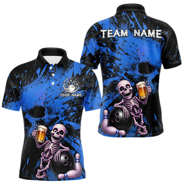 Maxcorners Custom Skeleton Beer Bowling Jersey, Blue Splatter Skull Polo & Quarter-Zip Shirt Gift For Men LM2806