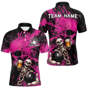 Maxcorners Custom Skeleton Beer Bowling Jersey, Pink Splatter Skull Polo & Quarter-Zip Shirt Gift For Men LM2806