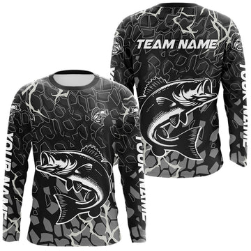 Maxcorners Custom Bass Fishing Black Camo Long Sleeve Fishing Shirts, Personalized Bass Fishing Jerseys LM0503