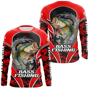Maxcorners Personalized Bass Fishing Jerseys, UV Protection Shirt Customize Name Fishing | Red