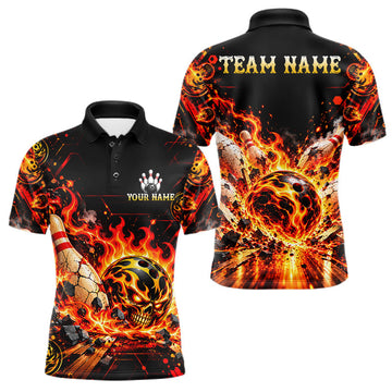 Maxcorners Burning Lava Bowling Ball Pattern Polo Shirt For Men Personalized Team Performance Jersey