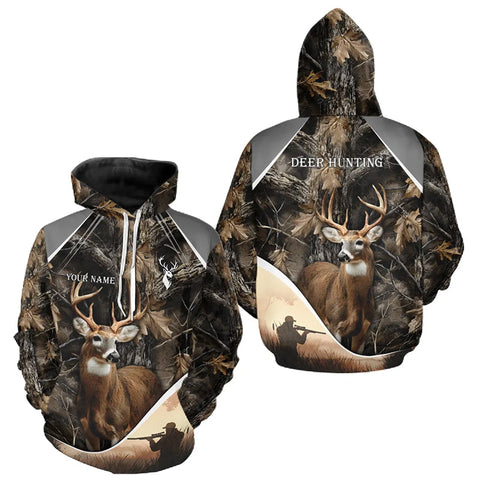 Maxcorners Deer Hunting Shirt 3D Brown Forest Camo Custom Name All Over Print Hunting Clothes LM1610