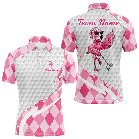 Maxcorners Pink Argyle Plaid Pattern Funny Flamingo Golf Wine Mens Golf Polos Shirt Custom Funny Golf Shirt For Ladies