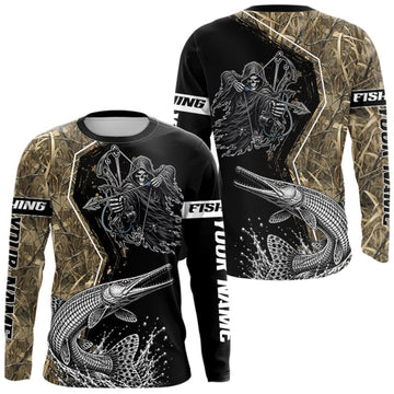 Maxcorners Bowfishing Shirt With Grim Reaper & Alligator Gar Fish Camo Design, Fishing Shirts For Men LM1508