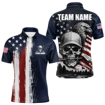 Maxcorners Personalized Skull Eagle Mens Golf Polo Shirt American Flag Patriotic Golf Shirt Custom Name