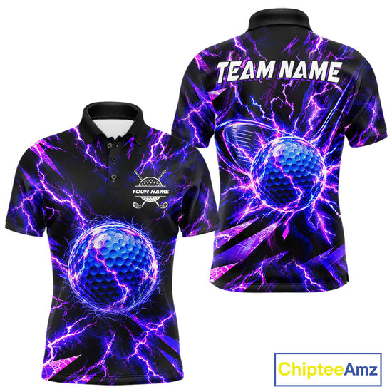 Maxcorners Personalized Purple Electric Lightning Men Golf Polo Shirt, Custom Golf Ball Polo Shirt