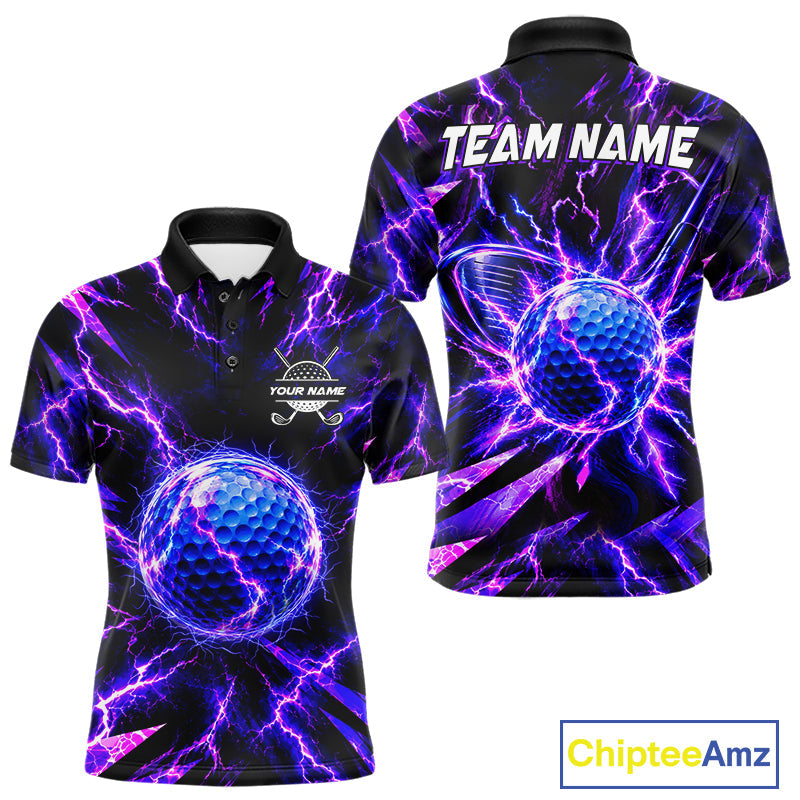 Maxcorners Personalized Purple Electric Lightning Men Golf Polo Shirt, Custom Golf Ball Polo Shirt