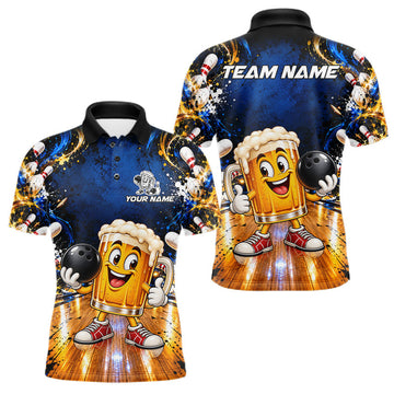 Maxcorners Funny Cartoon Beer Mug Bowling Polo Shirt For Men Custom Blue Team Tournament Jersey