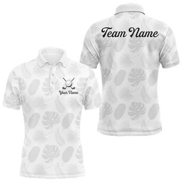 Maxcorners Mens Golf Polo Shirts Custom Gray Tropical Leaves Golf Shirts, Best Mens Golf Wears