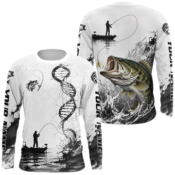 Maxcorners Largemouth Bass Fishing Long Sleeve Shirt Fisherman Boat DNA Art Graphic For Anglers LM2306