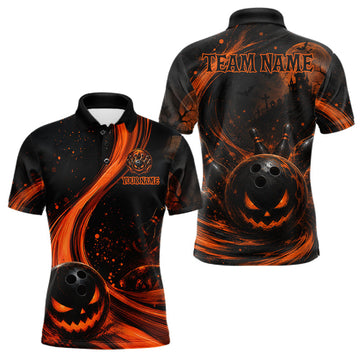 Maxcorners Personalized Halloween Bowling 1/4 Zip Polo Shirt For Men - Scary Pumpkin Team Name Jersey