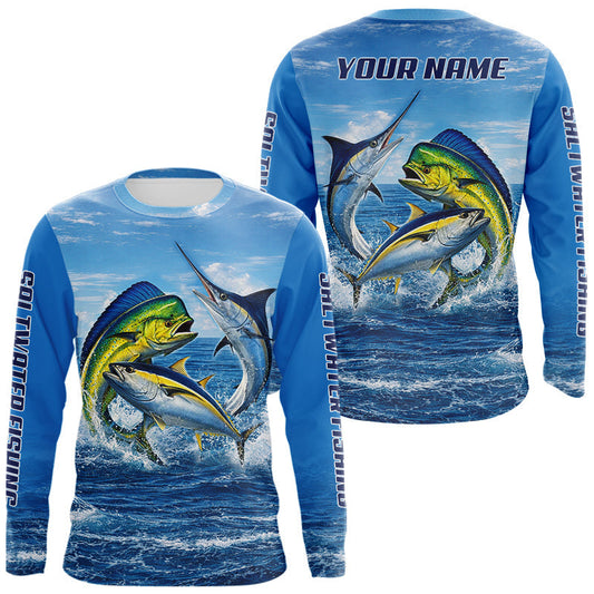 Maxcorners Personalized Mahi Mahi, Marlin, Tuna Blue Performance Fishing Shirt, Saltwater Tournament Shirts LM1903
