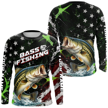 Maxcorners Best Bass Fishing Shirts Long Sleeve American Flag Patriotic Custom Name Fishing Tournament LM2405