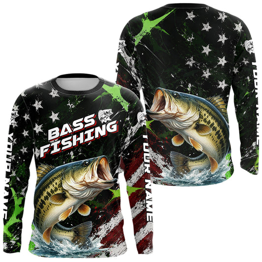 Maxcorners Best Bass Fishing Shirts Long Sleeve American Flag Patriotic Custom Name Fishing Tournament LM0106