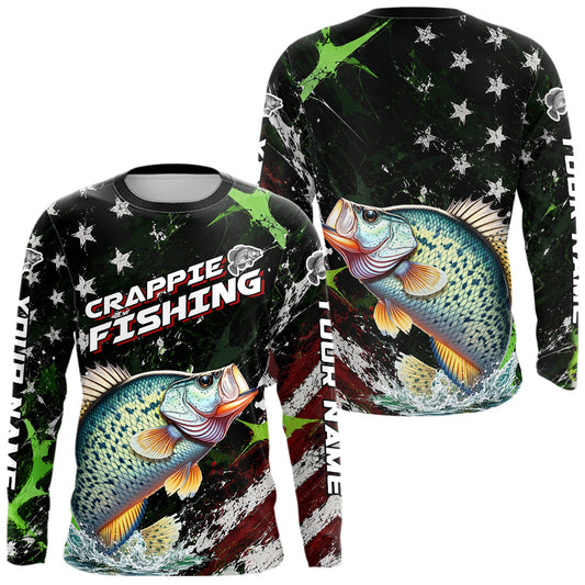Maxcorners Best Crappie Fishing Shirts Long Sleeve American Flag Patriotic Custom Name Fishing Jersey LM0106