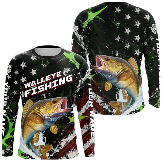 Maxcorners Best Walleye Fishing Shirts Long Sleeve American Flag Patriotic Custom Name Fishing Jersey LM2405