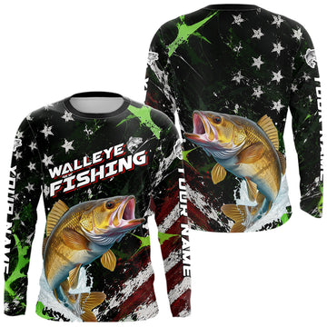 Maxcorners Best Walleye Fishing Shirts Long Sleeve American Flag Patriotic Custom Name Fishing Jersey LM0106