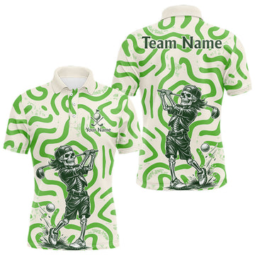 Maxcorners Personalized Funny Skeleton Mens Golf Polo Shirt Green Abstract Pattern Custom Golf Shirt For Team Name & Name LM2603