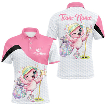 Maxcorners Pink Mens Golf Polo Shirt Pink Flamingos Pattern Custom Name, Funny Flamingo Golf Polo Shirts LM2603