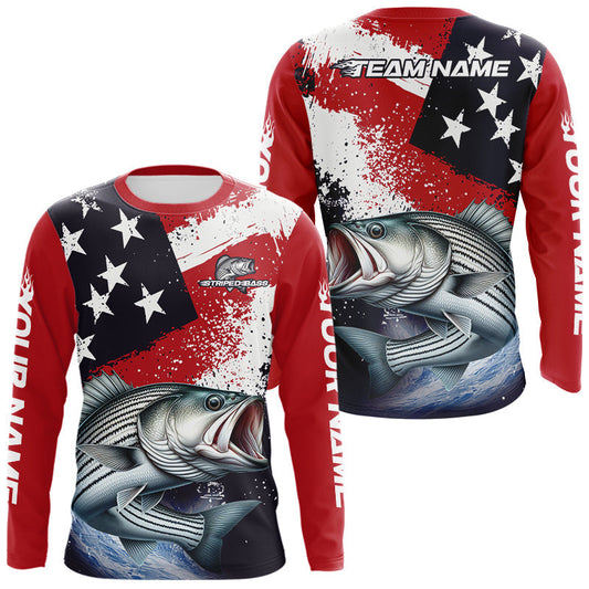 Maxcorners Personalized Striped Bass Fishing Jerseys, Custom American Flag Bass Fishing Shirts Long Sleeve
 LM0503