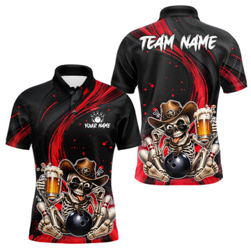 Maxcorners Funny Skeleton Cowboy Bowling Shirt, Personalized Red Color Beer Bowler Polo & Quarter-Zip LM2806