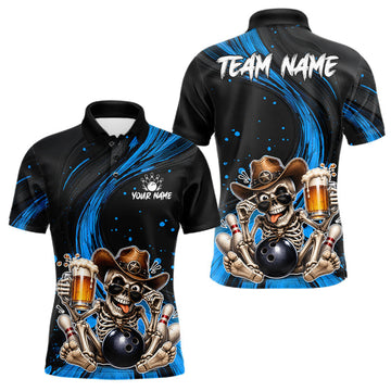 Maxcorners Funny Skeleton Cowboy Bowling Shirt, Personalized Blue Color Beer Bowler Polo & Quarter-Zip LM2806