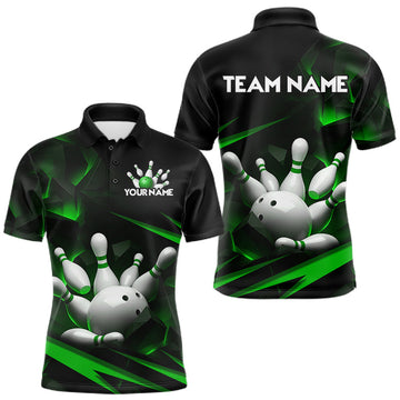 Maxcorners Personalized Bowling 1/4 Quarter Zip Polo Green Black Bowling Ball Jersey For Men
