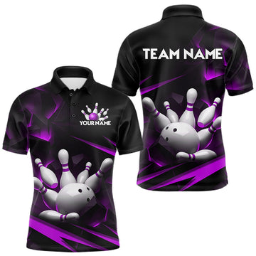 Maxcorners Personalized Bowling 1/4 Quarter Zip Polo Purple Black Bowling Ball Jersey For Men